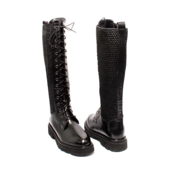 Luca Grossi 842b ITALIAN Black Leather Stretch Fur Lace Zip Knee-High Boot - Picture 2 of 9